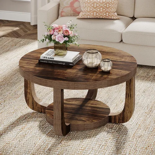 Miniatura 8 de Tribesigns - Mesa de café redonda, mesa de café circular de 2 niveles con almacenamiento, mesa auxiliar moderna de acento de madera para sala