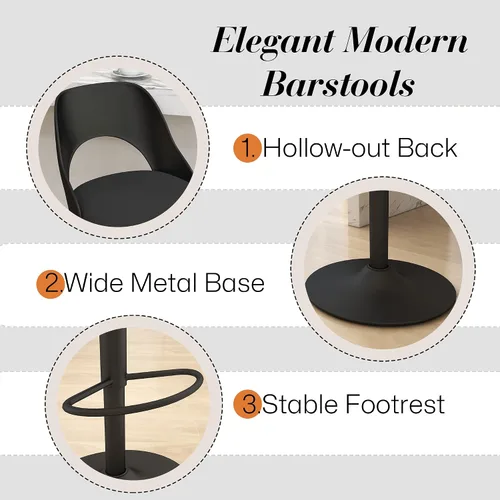 Miniatura 4 de HENGJIANYI Taburete de bar giratorio ajustable en altura con respaldo hueco, silla tapizada con base de metal negro, asiento negro