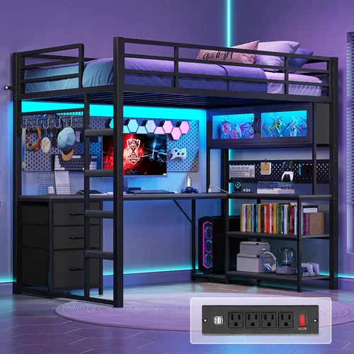 ADORNEVE Cama tipo loft de tamaño individual con escritorio para juegos en forma de L, cajones de almacenamiento y gabinete, toma de corriente de