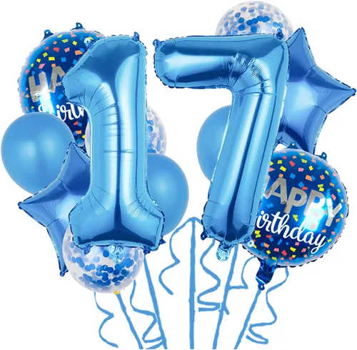 Globos, 11 globos de aluminio para niños de 17 años para suministros de fiesta de cumpleaños de 17 años, globos de confeti, globos de fiesta de Azul