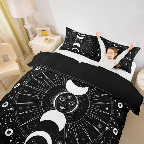 Miniatura 35 de Erosebridal Juego de ropa de cama bohemio con sol y luna, funda de edredón hippie de 3 piezas, colorida funda de edredón teñida anudada, funda
