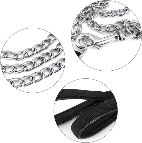 Miniatura 2 de Correa de cadena de metal chapado en cromo con mango acolchado suave para perros pequeños (S, mango negro)
