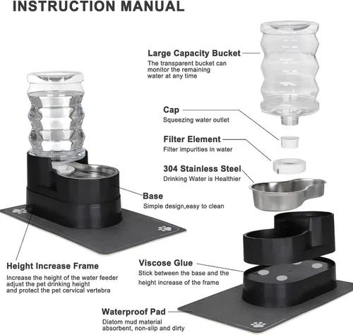Miniatura 3 de RIZZARI Dispensador automático de agua para perros: bebedero de acero inoxidable negro de 7 litros, diseño elevado que alivia la tensión