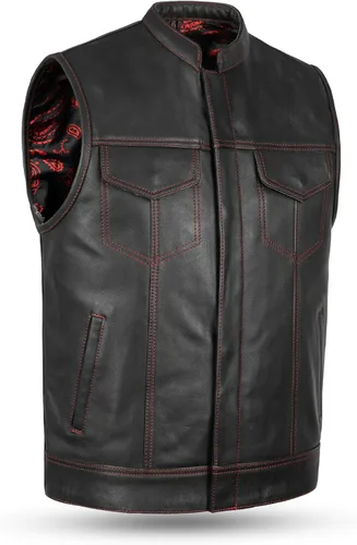 Leatherick Mens Black Motorcycle Vests - Top Grain Cow Leather SOA Club & Traditional Paisley Satin Liner Leather Biker Vests Cachemira roja y negra