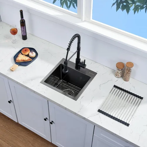 Miniatura 2 de Fregadero de cocina de 15 x 15 pulgadas, fregadero de preparación de barra de montaje superior de 16 calibre 16 T-304 de acero inoxidable negro