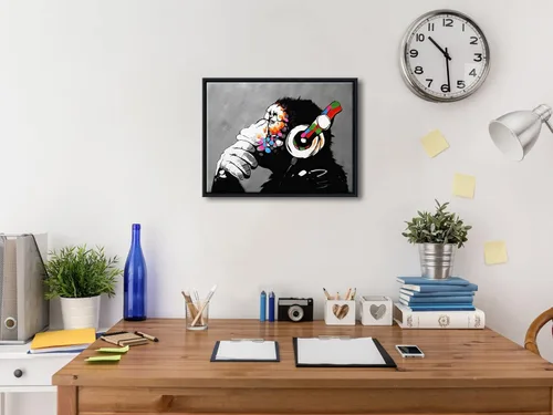 Miniatura 3 de Wieco Art Marco Negro Mono con Auriculares Banksy Arte de Graffiti Abstracto Pinturas en Lienzo Impresiones Arte de Pared en Lienzo de Animales
