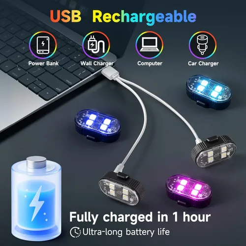 Miniatura 4 de 10 luces estroboscópicas LED inalámbricas de 4 LED con control remoto, 8 colores de alto brillo USB-C, recargable, impermeable, anticolisión, luces