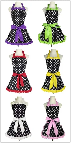 Miniatura 7 de Hyzrz Lindo delantal retro negro de lunares retro con volantes laterales vintage delantales de cocina con bolsillos para mujeres y niñas (lado azul)