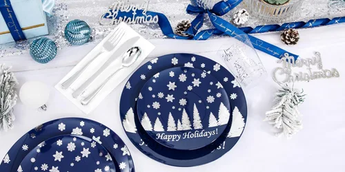 Miniatura 9 de Hioasis 175 piezas de platos de plástico para Navidad - Platos desechables de plástico azul y plateado incluyen 25 platos para cenar, 25 platos