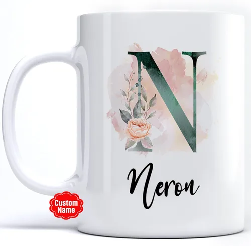 PREZZY Taza personalizada con letra N con inicial, monograma personalizado, taza de café floral, regalos para mujeres, hombres, familiares, amigos,