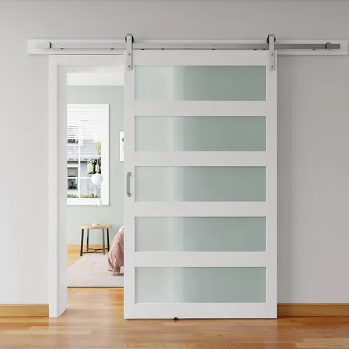 Miniatura 16 de puerta de granero de vidrio de 26'' x 84'' y kit de herrajes de níquel cepillado de 5 pies incluido, losa de puerta de granero blanca MDF con vidrio