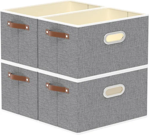 Miniatura 18 de Yawinhe Cestas de almacenamiento de tela, organizador plegable de armario para estantes, cajas grandes con 3 asas, contenedores de lona para ropa