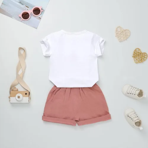 Miniatura 3 de FOCUTEBB Conjunto de ropa de verano para bebé niña, camiseta y pantalones cortos de lino con cinturón, lindo conjunto de ropa