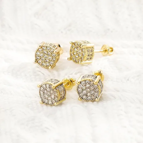 Miniatura 5 de TOPGRILLZ Aretes de tuerca chapados en oro de 14 quilates 5A+ con circonita cúbica en racimo de diamantes redondos para hombres y mujeres