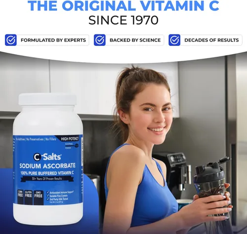 Miniatura 5 de C-Salts Polvo de vitamina C de ascorbato de sodio puro, bebida en polvo tamponada no ácida sin azúcar para hidratación y apoyo inmunológico