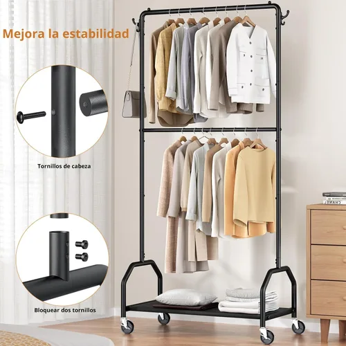 Miniatura 4 de Wiracks Perchero doble para colgar ropa, perchero para ropa, 130 libras, capacidad 34.5 pulgadas de ancho x 15.8 pulgadas de profundidad x 79