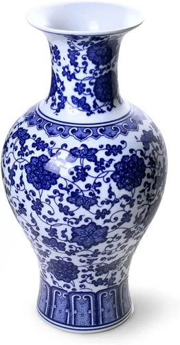 Miniatura 3 de Dahlia Florero azul y blanco, florero de porcelana china hecho a mano, diseño de loto, forma de cola de pez de 13 pulgadas Motivo de loto antiguo