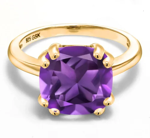 Miniatura 3 de Gem Stone King 3-5 Cttw Gemstone Birthstone Double Prong Solitaire Ring for Women 18K Yellow Gold Plated Silver Cushion 10MM Anniversary