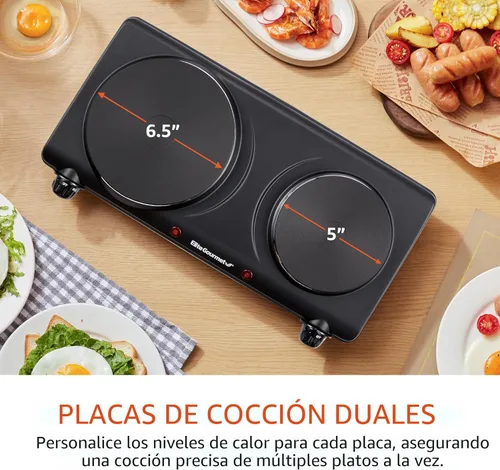 Miniatura 3 de Elite Gourmet EDB-302BF# Quemador doble de hierro fundido para encimera, placa caliente eléctrica de 1500 vatios, controles de temperatura, luces