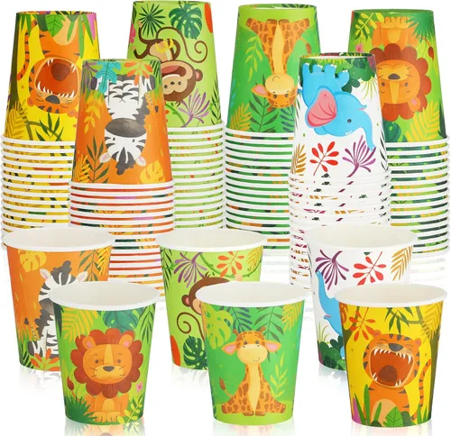 Amyhill 100 vasos desechables de papel de 9 onzas para niños, animales, tazas de baño, pequeñas y coloridas para fiestas, picnic, barbacoas, viajes,