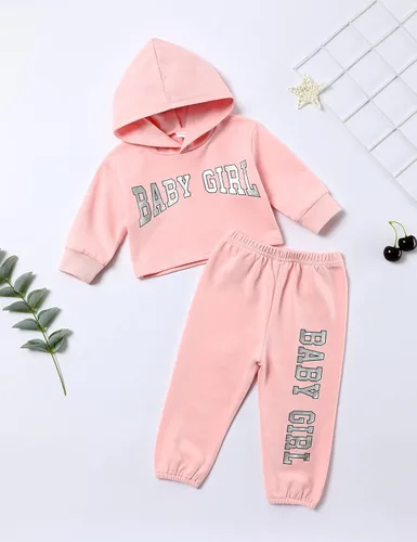 Miniatura 4 de Menglang Conjunto de sudadera corta con capucha y pantalones para niña pequeña para otoño e invierno