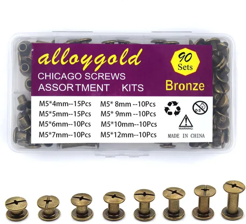 ALLOYGOLD Tornillos Chicago de bronce remaches de cuero surtidos, 8 tamaños de remaches de tornillo, tornillos Chicago para decorar y reparar cuero,
