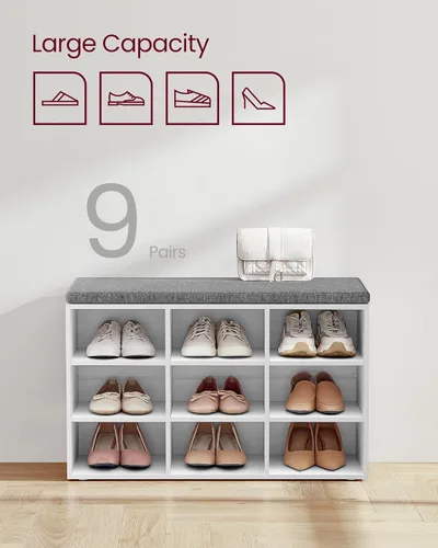 Miniatura 6 de VASAGLE - Colección CUSTOS - Banco para zapatos, banco de almacenamiento con asiento acolchado, banco de entrada con 9 compartimentos, para Blanco
