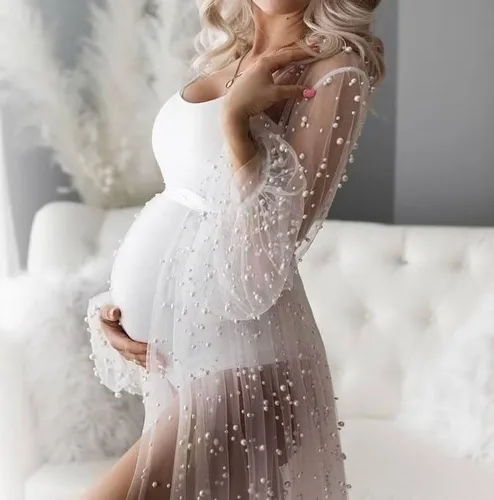Miniatura 7 de yinyyinhs Womens Pearl Maternity Dress for Photoshoot Long Puffy Sleeves Tulle Wedding Robe Beaded Bridal Lingerie