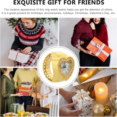 Miniatura 5 de Mikikit Reloj de anillo para mujer, reloj de dedo elástico con sincronización precisa, forma de corazón, reloj de dedo de cuarzo, reloj de anillo