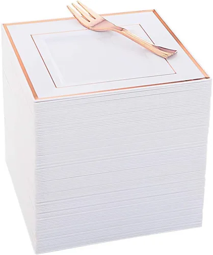 WDF 86 platos de postre de oro rosa de 6 pulgadas con 86 tenedores desechables de 5 pulgadas, elegantes platos de plástico cuadrados para el día de