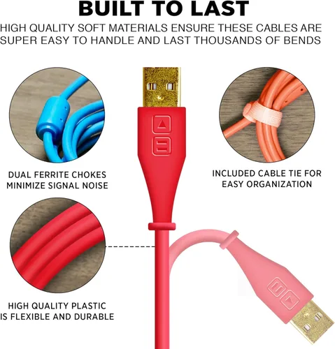 Miniatura 5 de DJ TechTools Chroma Cables USB-A a USB-B en ángulo recto 4.9 ft / 5 pies Audio optimizado Blindado de interferencias Brida para cables Verde