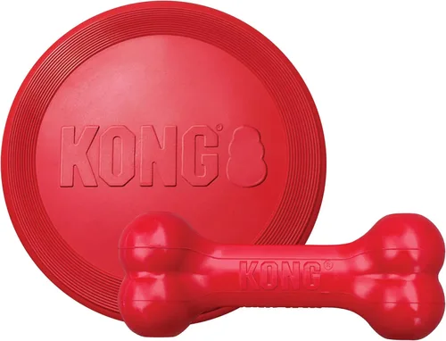 KONG Goodie Bone & Flyer - Juguetes para perros para enriquecer el tiempo de juego, hueso de perro y disco de lanzamiento suave, apoyo mental, hueso