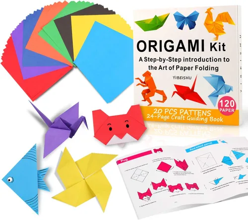 Kit de origami Yibeishu para niños, 120 hojas de papel de origami con libro de instrucciones, juego de papel de color de 15 x 15 cm de lado sencillo