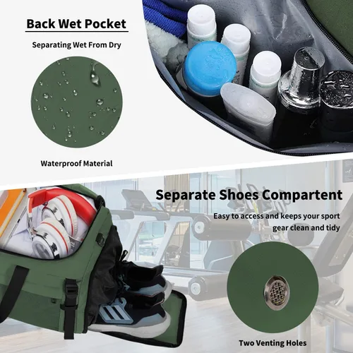 Miniatura 4 de Eackrola Bolsas de gimnasio para hombre con compartimento para zapatos, bolsa de lona deportiva con bolsillo húmedo para mujer, 65 L, forro polar