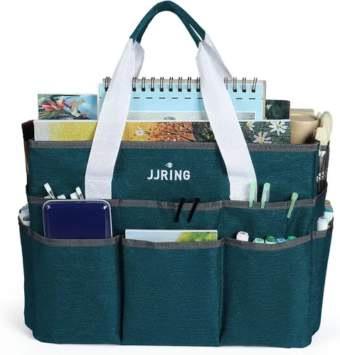 Miniatura 3 de JJRING Bolsa Organizadora para Manualidades, Caddy Grande de Almacenamiento de Arte con Múltiples Bolsillos, Bolsa de Costura Azul Verdosa