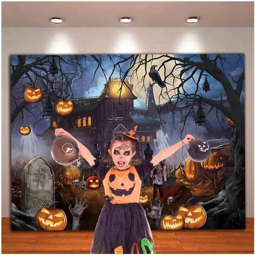 Miniatura 3 de Telón de fondo temático de Halloween para fotografía, castillo de fantasmas, luna, noche aterradora, calabaza, farol, cuervo, fondo para fotos