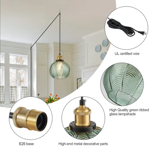Miniatura 7 de Lámpara colgante moderna de enchufe, lámpara colgante de cristal de 7.8 pulgadas con cable de enchufe ajustable de 14.76 pies, lámpara colgante