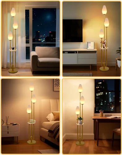Miniatura 8 de Lámpara de pie dorada con bandeja, lámparas de pie regulables de 3 luces con pantalla en forma de roca, estilo portavelas único, lámpara de pie alta