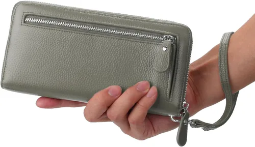 Miniatura 2 de YALUXE Carteras de cuero real con cremallera alrededor para mujer, bolso de mano, teléfono celular, tarjetero, protección de bloqueo RFID, Gris