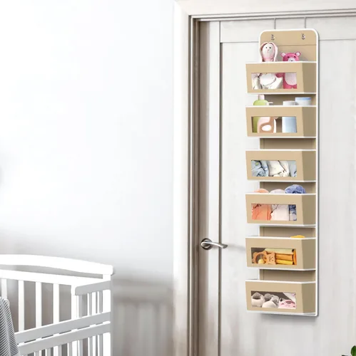 Miniatura 6 de Simple Houseware - Organizador con 6 bolsillos con ventana transparente para colgar sobre la puerta del armario, para recámara, baño, despensa, Beige