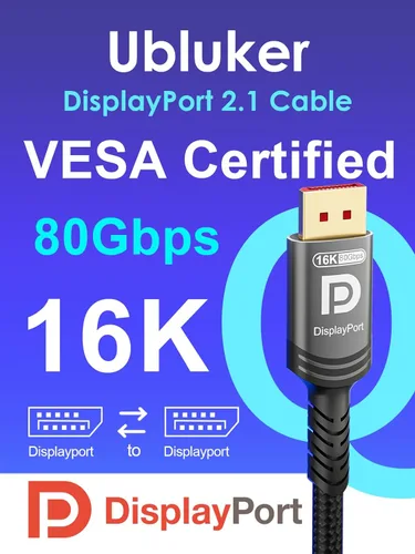 Miniatura 2 de Ubluker Cable DisplayPort 2.1 de 80 Gbps de 3.3 pies, cable DP a DP certificado 4K 540Hz 360Hz 240Hz 165Hz 120Hz 16K 8K 240Hz Ultra alta tasa