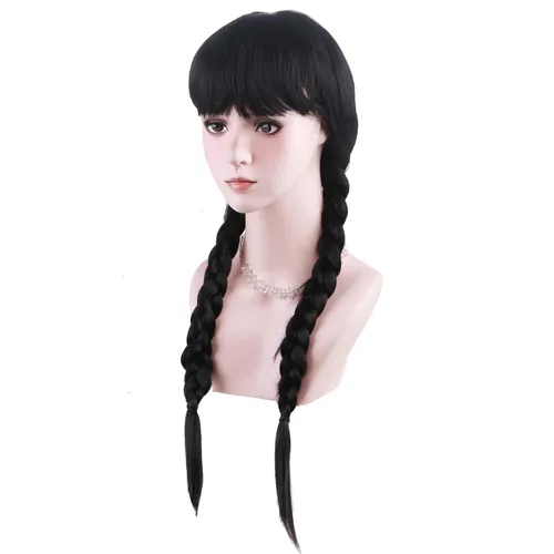 Miniatura 2 de BERON Peluca de trenza negra con flequillo, peluca larga y rizada para uso diario y fiesta de cosplay, incluye gorra