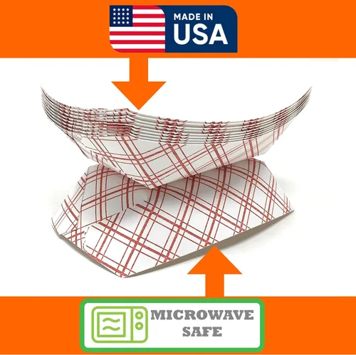 Miniatura 4 de Botes medianos de papel para alimentos, bandejas de papel a cuadros rojos y blancos. Mediano (1 libra). Paquete de 100, botes desechables