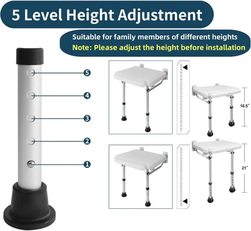 Miniatura 2 de Silla de pared plegable de altura ajustable de 5 velocidades (16.5-20.4 pulgadas) con una capacidad de peso de 400 libras, adecuada para baños