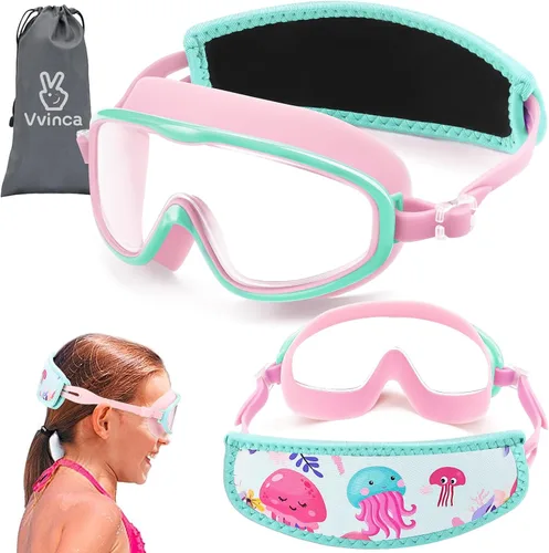 Miniatura 27 de Vvinca Gafas de natación para niños con correa de tela, sin enredos, sin dolor, antivaho para piscina, sin fugas, para niños y niñas