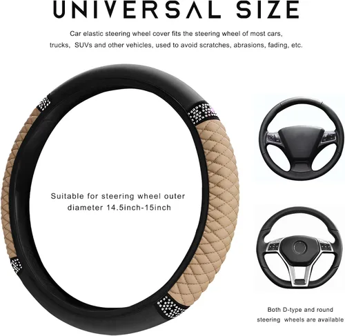 Miniatura 2 de Funda para volante de coche brillante, protector de volante de 15 pulgadas con diamantes de imitación de cuero suave, fundas de volante auto