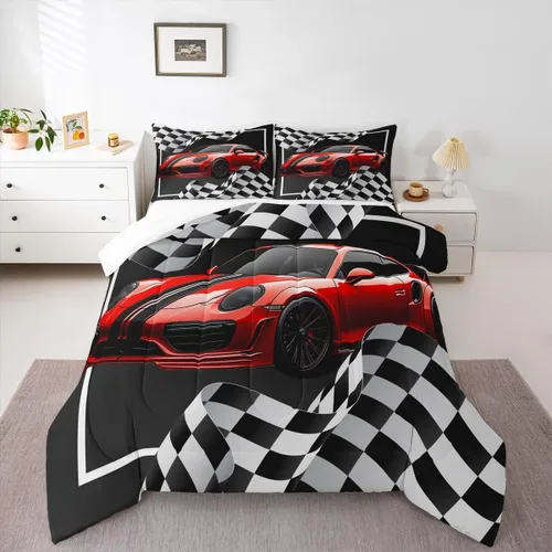 Miniatura 5 de Juego de edredón de auto de carreras rojo, tamaño individual, juego de ropa de cama de celosía negro y blanco de 2 piezas para decoración de A-car 01