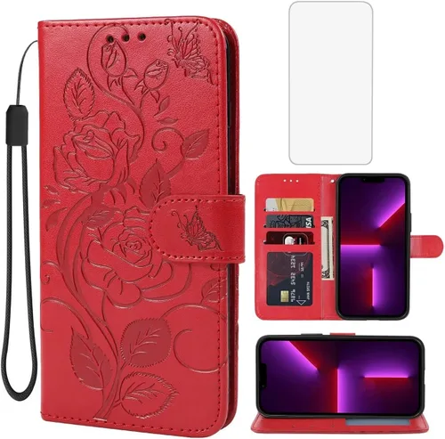 Funda para iPhone 13, iPhone 14 Funda tipo cartera con protector de pantalla de vidrio templado, funda de cuero con flor para tarjeta de crédito con