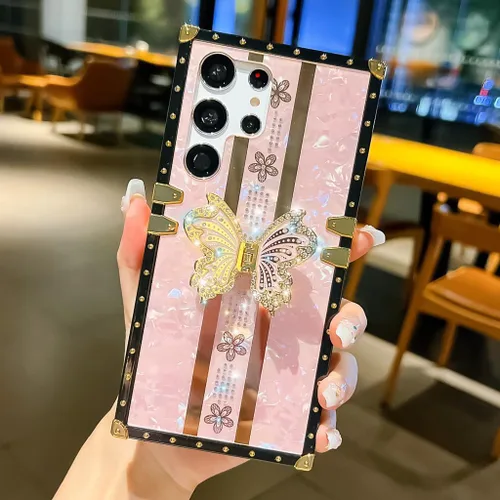 Miniatura 4 de Compatible con Funda Samsung Galaxy S22 Ultra, Diseño de Mariposa Brillante de Lujo con Soporte Plegable Kickstand para Mujeres y Niñas, Funda Rosa