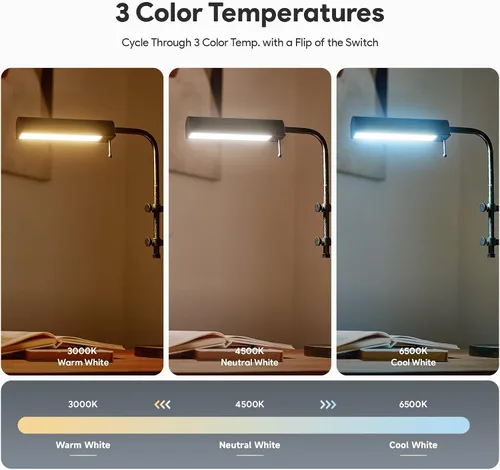 Miniatura 3 de VONLUCE Lámpara de escritorio rústica, lámpara de mesa de metal de estilo industrial ajustable, lámpara de lectura LED de 3 temperaturas